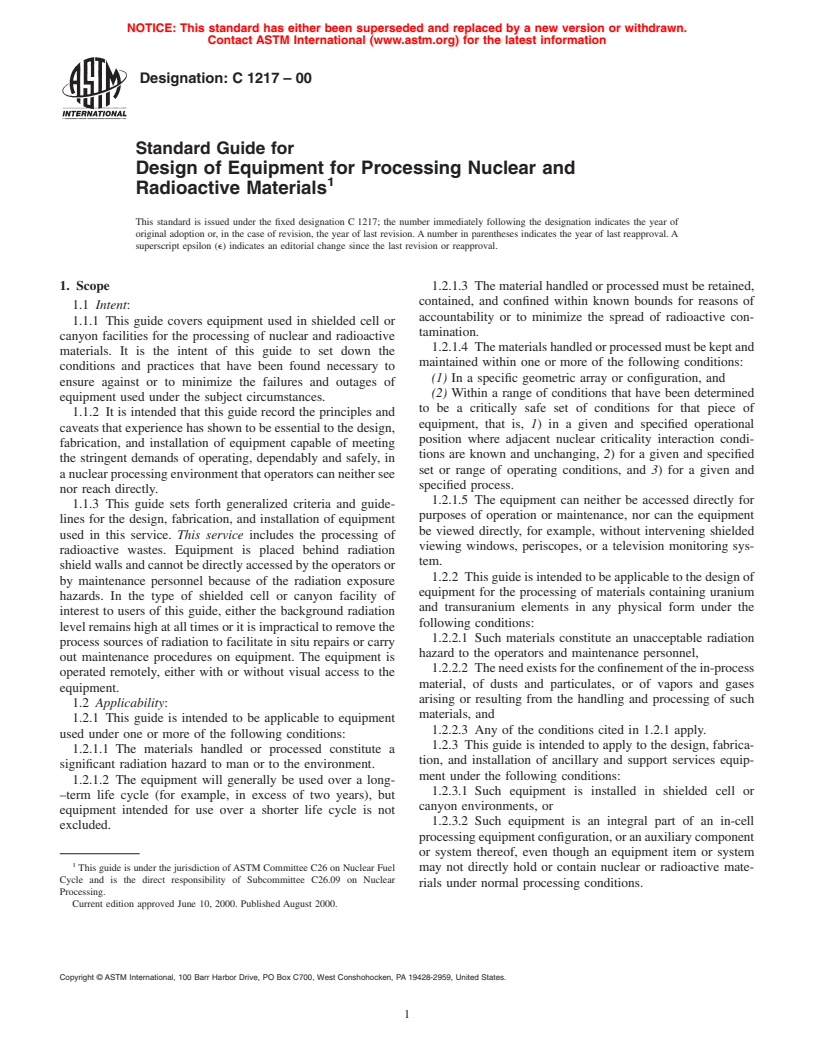 ASTM C1217-00 - Standard Guide for Design of Equipment for Processing Nuclear and Radioactive Materials