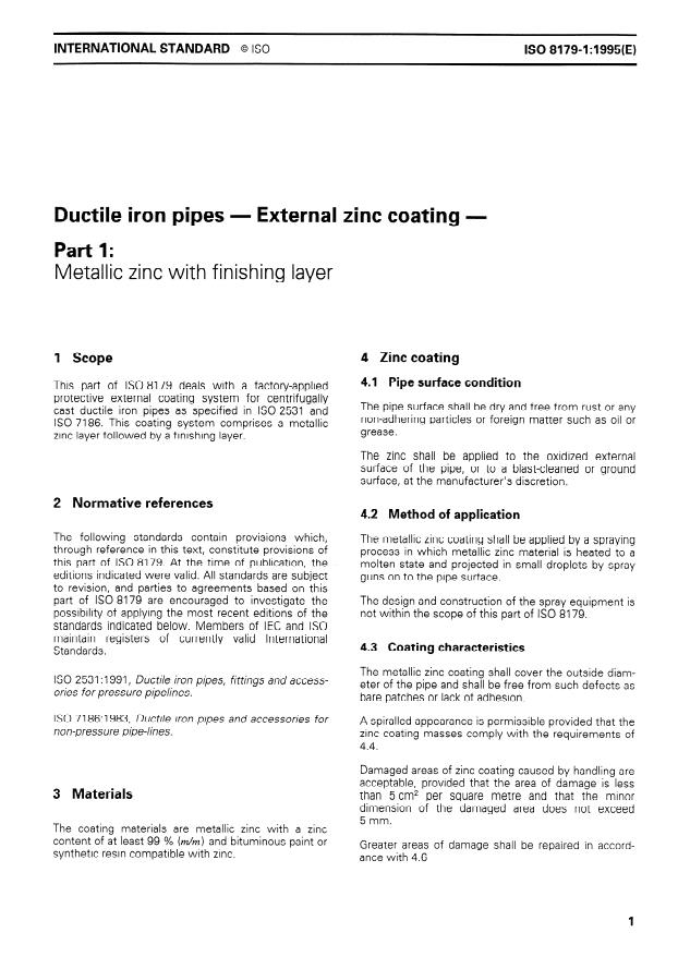 ISO 8179-1:1995 - Ductile iron pipes -- External zinc coating