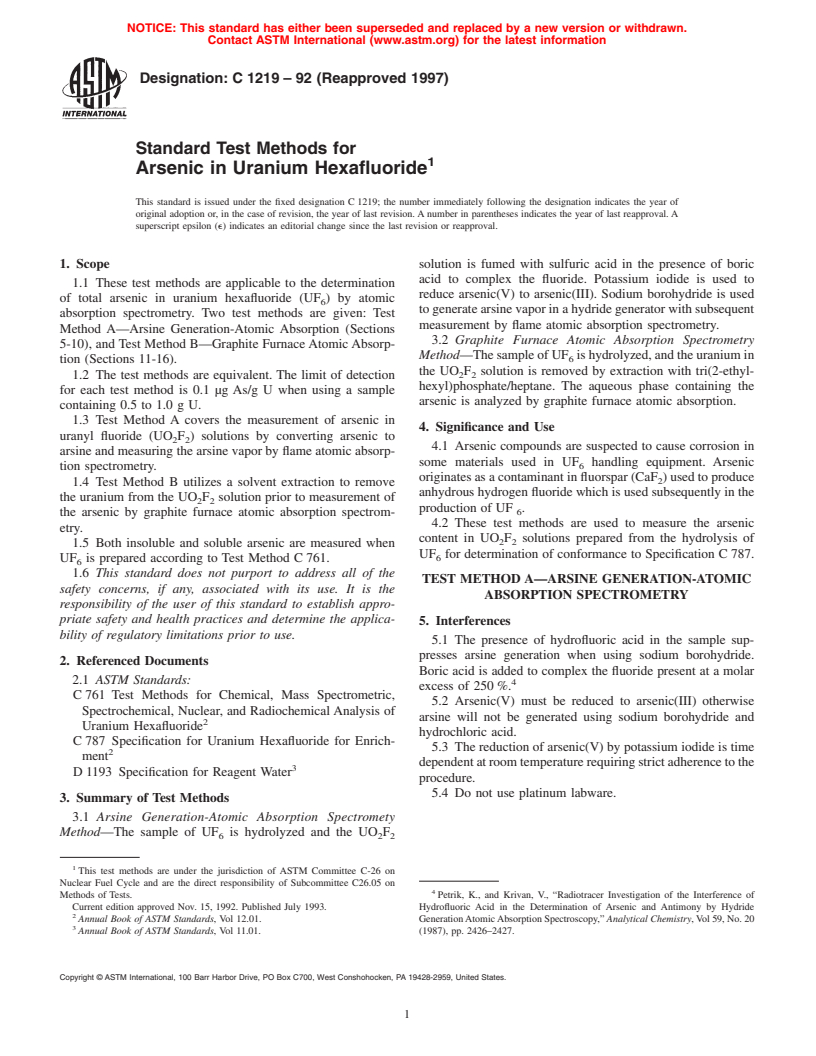 ASTM C1219-92(1997) - Standard Test Methods for Arsenic in Uranium Hexafluoride