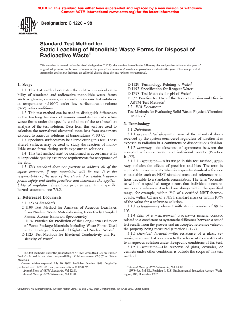 ASTM C1220-98 - Standard Test Method for Static Leaching of Monolithic Waste Forms for Disposal of Radioactive Waste