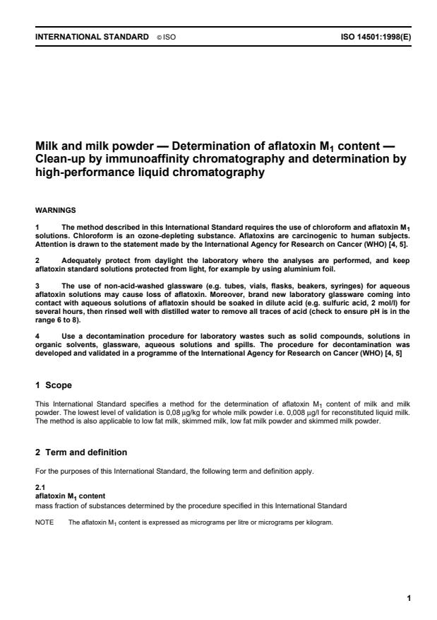 ISO 14501:1998 - Milk and milk powder -- Determination of aflatoxin M1 content -- Clean-up by immunoaffinity chromatography and determination by high-performance liquid chromatography