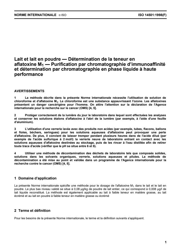 ISO 14501:1998 - Lait et lait en poudre -- Détermination de la teneur en aflatoxine M1 -- Purification par chromatographie d'immunoaffinité et détermination par chromatographie en phase liquide a haute performance