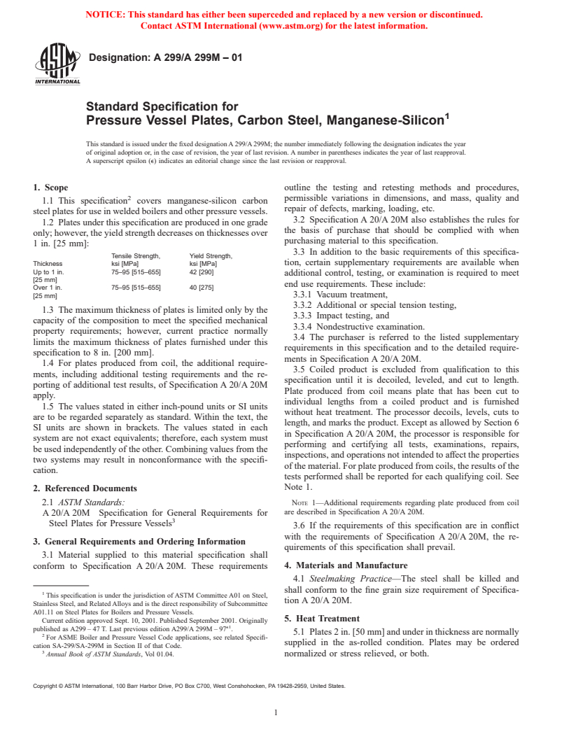 ASTM A299/A299M-01 - Standard Specification for Pressure Vessel Plates, Carbon Steel, Manganese-Silicon