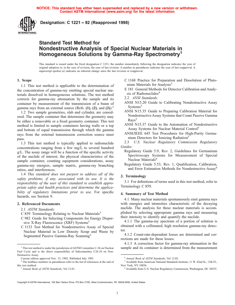 ASTM C1221-92(1998) - Standard Test Method for Nondestructive Analysis of Special Nuclear Materials in Homogeneous Solutions by Gamma-Ray Spectrometry