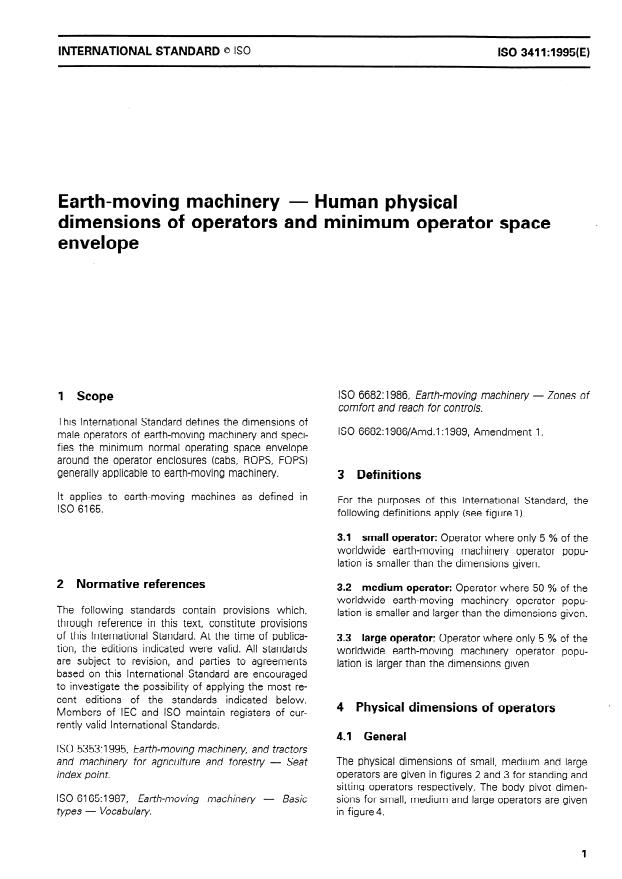 ISO 3411:1995 - Earth-moving machinery -- Human physical dimensions of operators and minimum operator space envelope