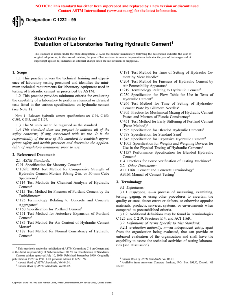 ASTM C1222-99 - Standard Practice for Evaluation of Laboratories Testing Hydraulic Cement