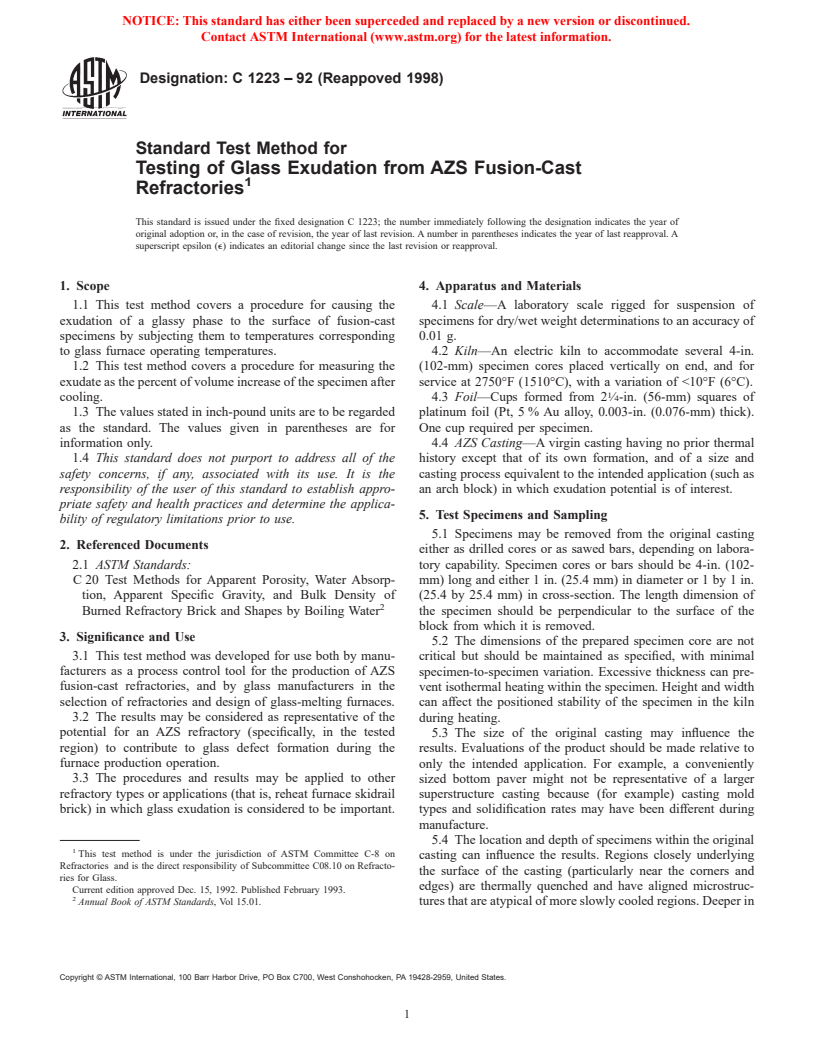 ASTM C1223-92(1998) - Standard Test Method for Testing of Glass Exudation from AZS Fusion-Cast Refractories