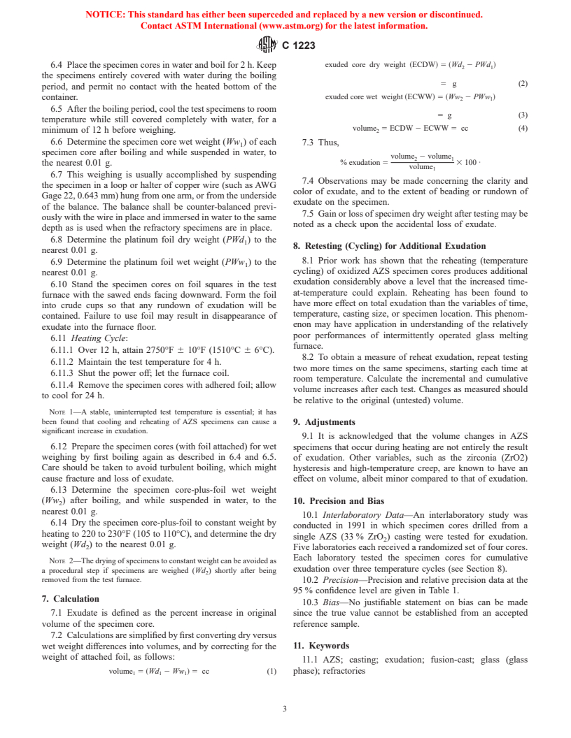 ASTM C1223-92(1998) - Standard Test Method for Testing of Glass Exudation from AZS Fusion-Cast Refractories