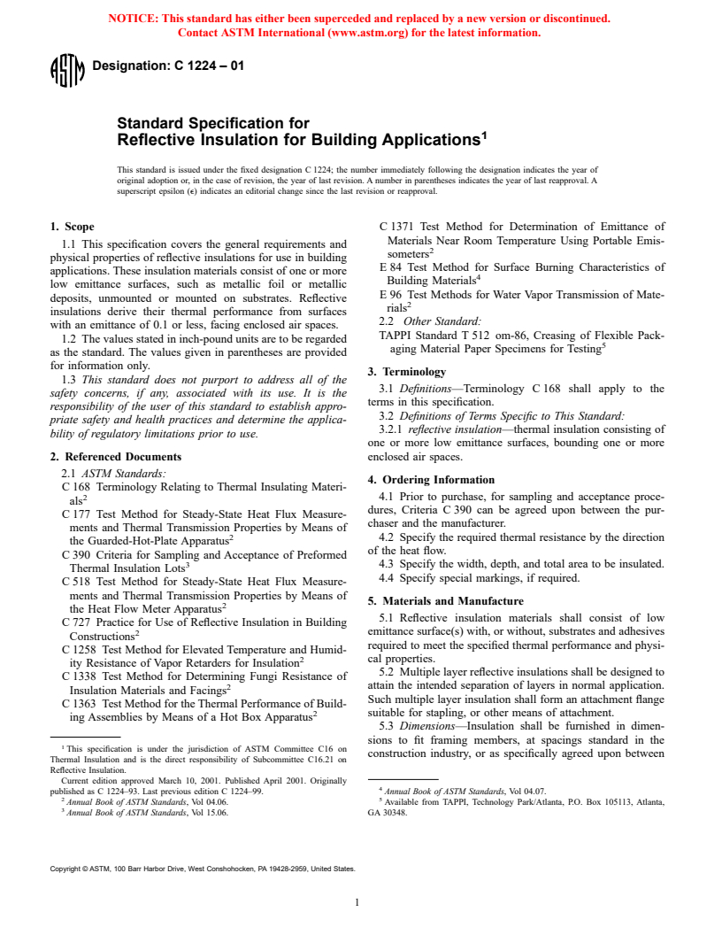ASTM C1224-01 - Standard Specification for Reflective Insulation for Building Applications