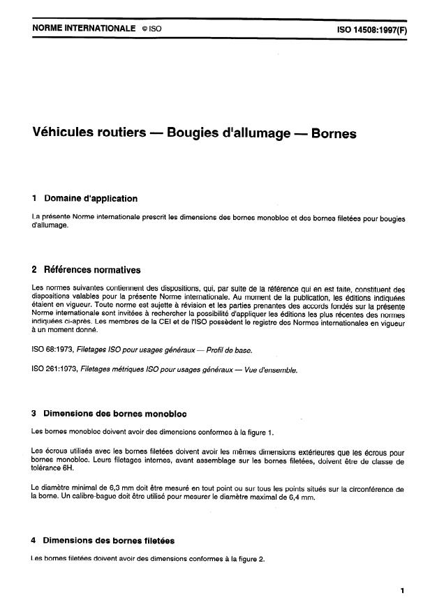 ISO 14508:1997 - Véhicules routiers -- Bougies d'allumage -- Bornes