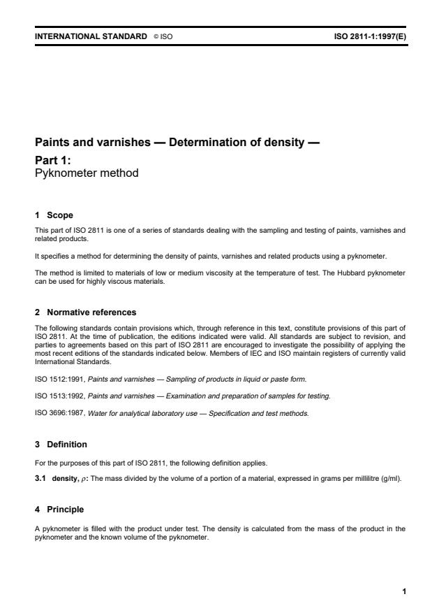 ISO 2811-1:1997 - Paints and varnishes -- Determination of density