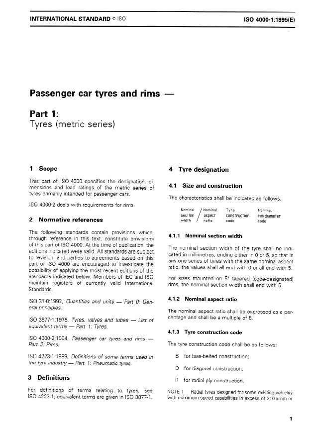 ISO 4000-1:1995 - Passenger car tyres and rims