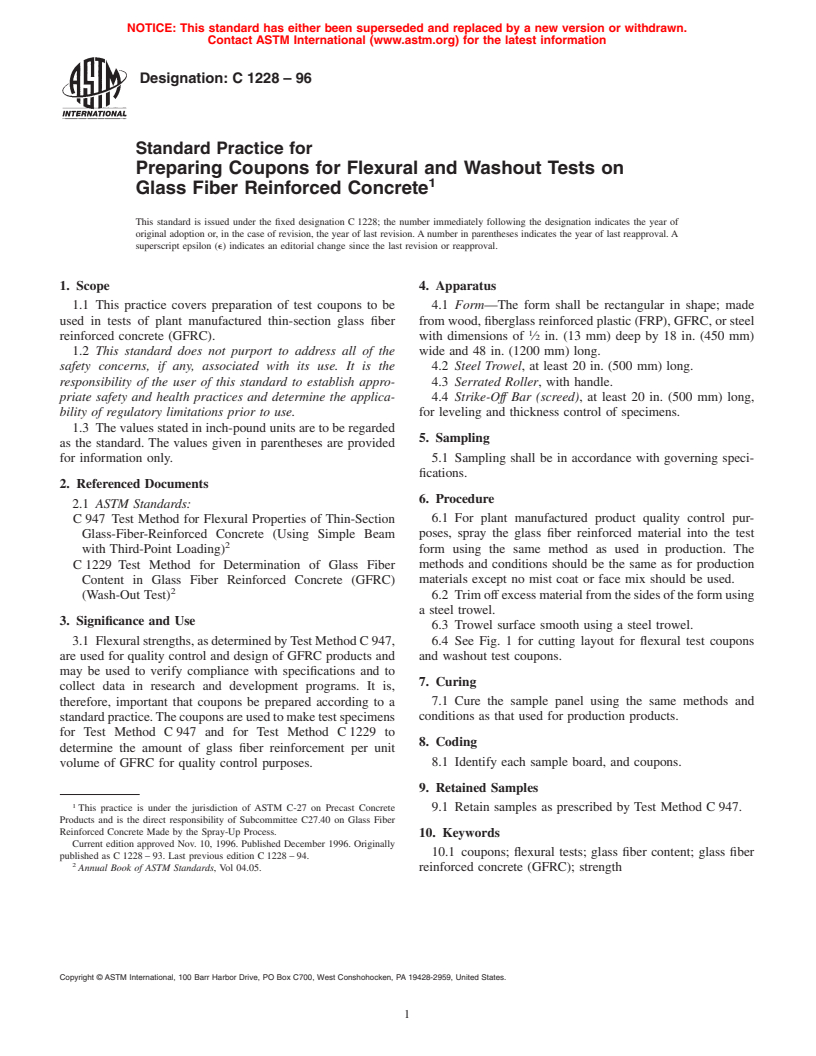 ASTM C1228-96 - Standard Practice for Preparing Coupons for Flexural and Washout Tests on Glass Fiber Reinforced Concrete