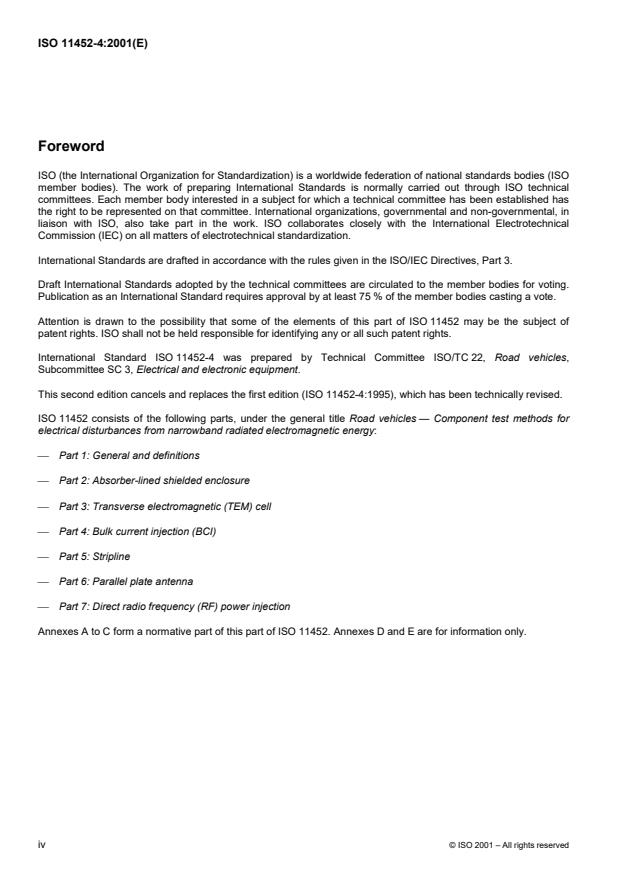 ISO 11452-4:2001 ISO 11452-4:2001 - Road vehicles -- Component test methods for electrical disturbances from narrowband radiated electromagnetic energy - Page 4 preview