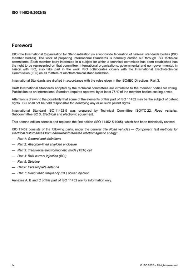 ISO 11452-5:2002 ISO 11452-5:2002 - Road vehicles -- Component test methods for electrical disturbances from narrowband radiated electromagnetic energy - Page 4 preview