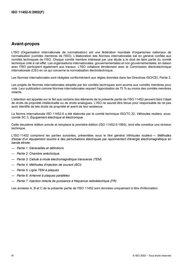 ISO 11452-5:2002 ISO 11452-5:2002 - Véhicules routiers -- Méthodes d'essai d'un équipement soumis a des perturbations électriques par rayonnement d'énergie électromagnétique en bande étroite - Page 4 preview