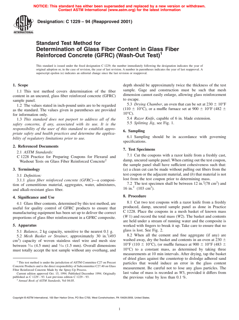 ASTM C1229-94(2001) - Standard Test Method for Determination of Glass Fiber Content in Glass Fiber Reinforced Concrete (GFRC) (Wash-Out Test)