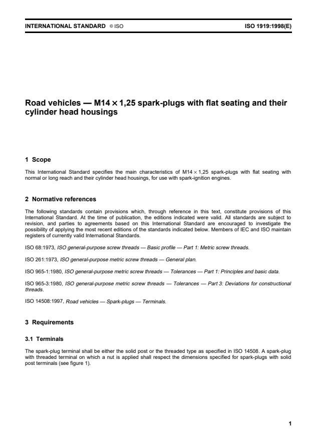 ISO 1919:1998 - Road vehicles -- M14 x 1,25 spark-plugs with flat seating and their cylinder head housings