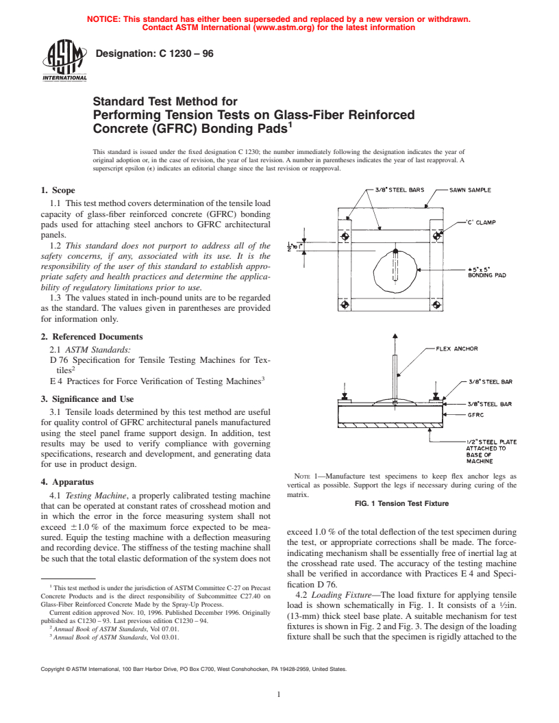 ASTM C1230-96 - Standard Test Method for Performing Tension Tests on Glass-Fiber Reinforced Concrete (GFRC) Bonding Pads