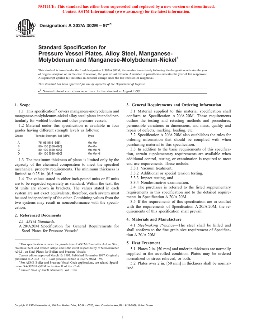 ASTM A302/A302M-97e1 - Standard Specification for Pressure Vessel Plates, Alloy Steel, Manganese-Molybdenum and Manganese-Molybdenum-Nickel