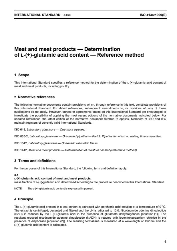ISO 4134:1999 - Meat and meat products -- Determination of L-(+)- glutamic acid content -- Reference method