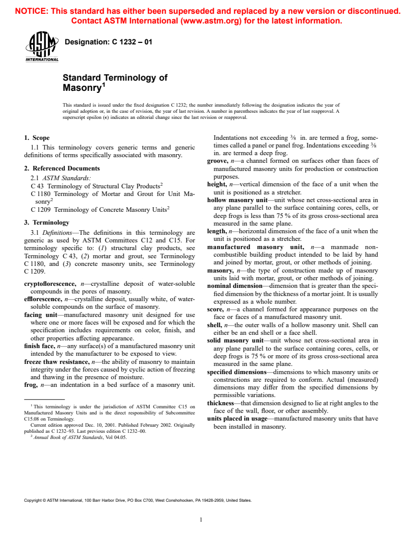 ASTM C1232-01 - Standard Terminology of Masonry