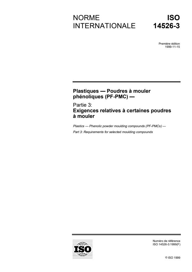 ISO 14526-3:1999 - Plastiques -- Poudres a mouler phénoliques (PF-PMC)