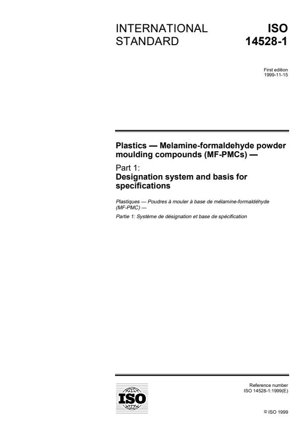 ISO 14528-1:1999 - Plastics -- Melamine-formaldehyde powder moulding compounds (MF-PMCs)
