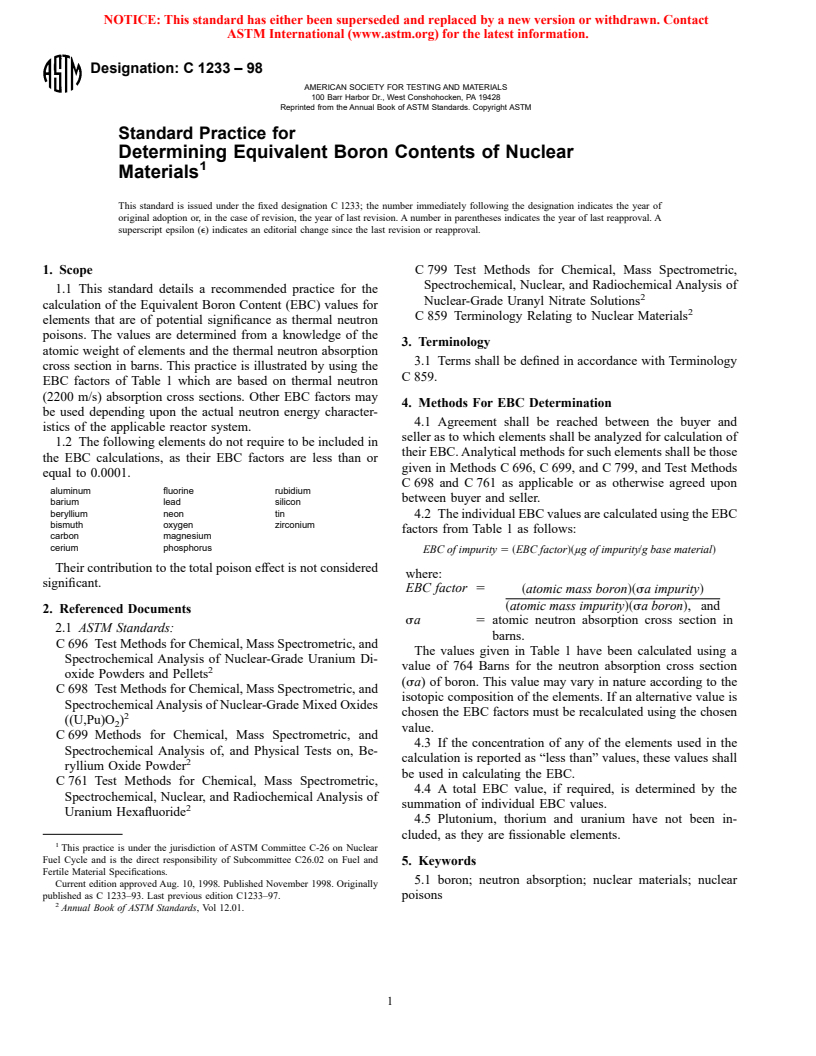 ASTM C1233-98 - Standard Practice for Determining Equivalent Boron Contents of Nuclear Materials