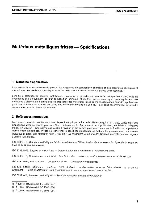 ISO 5755:1996 - Matériaux métalliques frittés -- Spécifications