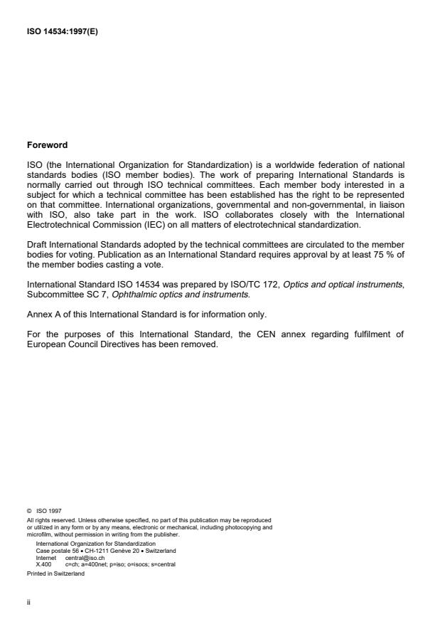 ISO 14534:1997 ISO 14534:1997 - Ophthalmic optics -- Contact lenses and contact lens care products -- Fundamental requirements - Page 2 preview