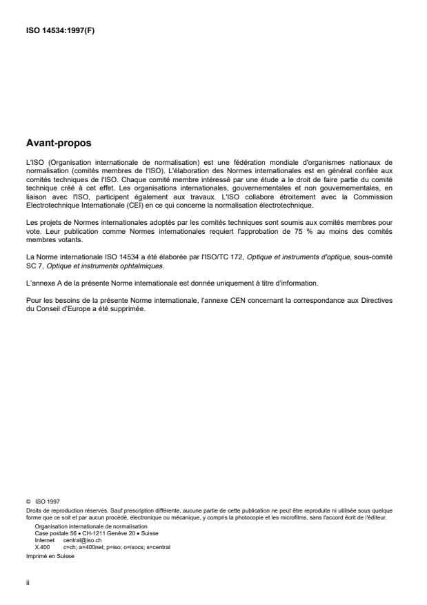 ISO 14534:1997 ISO 14534:1997 - Optique ophtalmique -- Lentilles de contact et produits d'entretien des lentilles de contact -- Prescriptions fondamentales - Page 2 preview