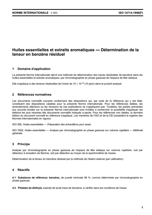 ISO 14714:1998 - Huiles essentielles et extraits aromatiques -- Détermination de la teneur en benzene résiduel