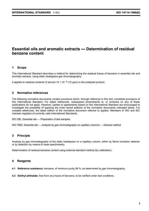 ISO 14714:1998 - Essential oils and aromatic extracts -- Determination of residual benzene content