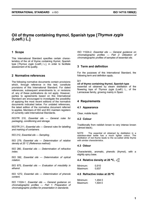 ISO 14715:1999 - Oil of thyme containing thymol, Spanish type (Thymus zygis (Loefl.) L.)