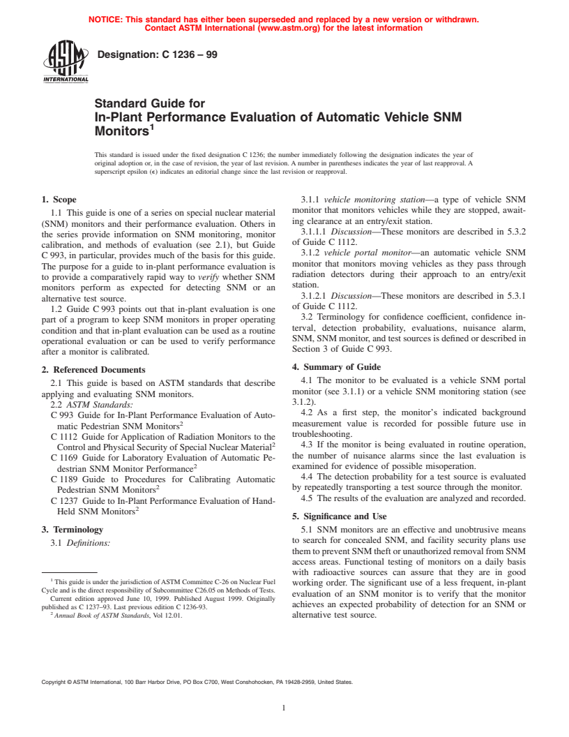 ASTM C1236-99 - Standard Guide for In-Plant Performance Evaluation of Automatic Vehicle SNM Monitors