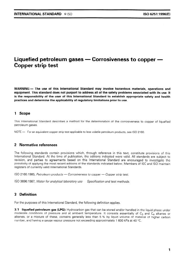 ISO 6251:1996 - Liquefied petroleum gases -- Corrosiveness to copper -- Copper strip test