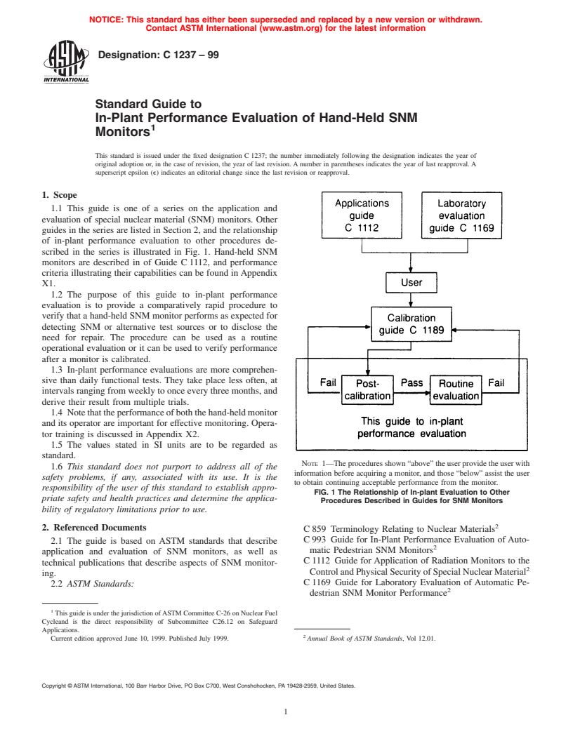 ASTM C1237-99 - Standard Guide to In-Plant Performance Evaluation of Hand-Held SNM Monitors