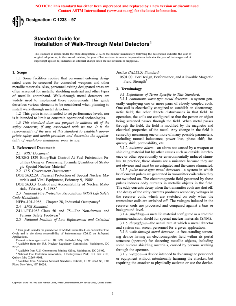 ASTM C1238-97 - Standard Guide for Installation of Walk-Through Metal Detectors