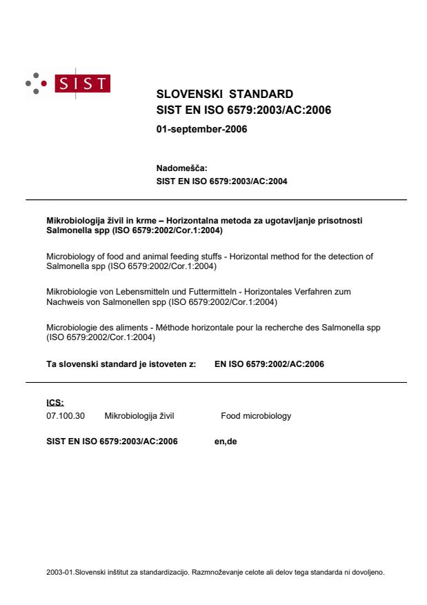 EN ISO 6579:2003/AC:2006