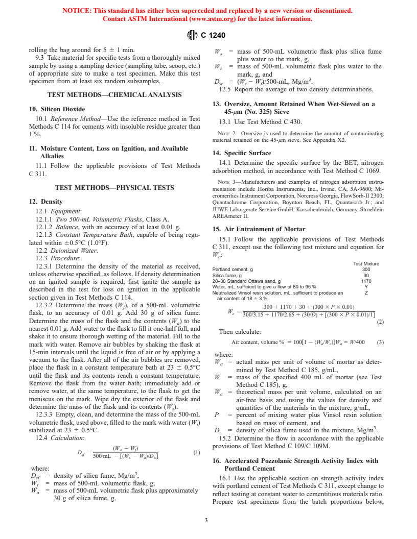 ASTM C1240-01 - Standard Specification for Use of Silica Fume for Use as a Mineral Admixture in Hydraulic-Cement Concrete, Mortar, and Grout