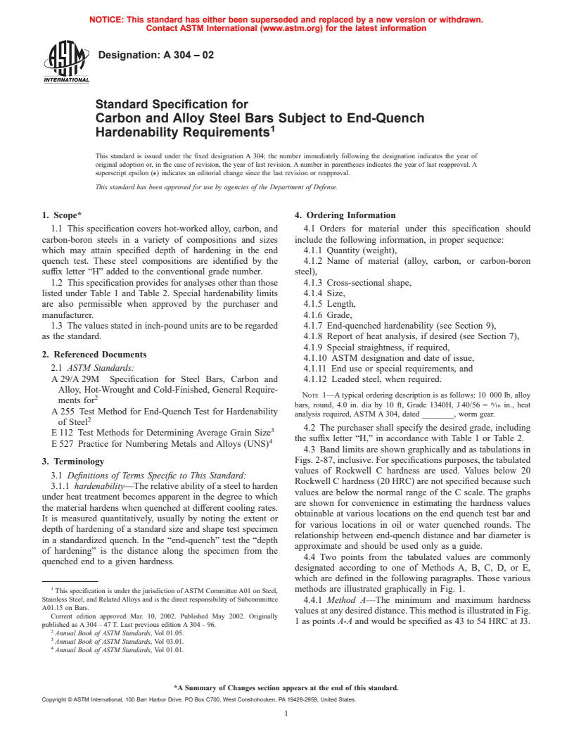 ASTM A304-02 - Standard Specification for Carbon and Alloy Steel Bars Subject to End-Quench Hardenability Requirements