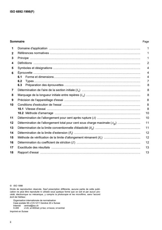 ISO 6892:1998 ISO 6892:1998 - Matériaux métalliques -- Essai de traction a température ambiante - Page 2 preview