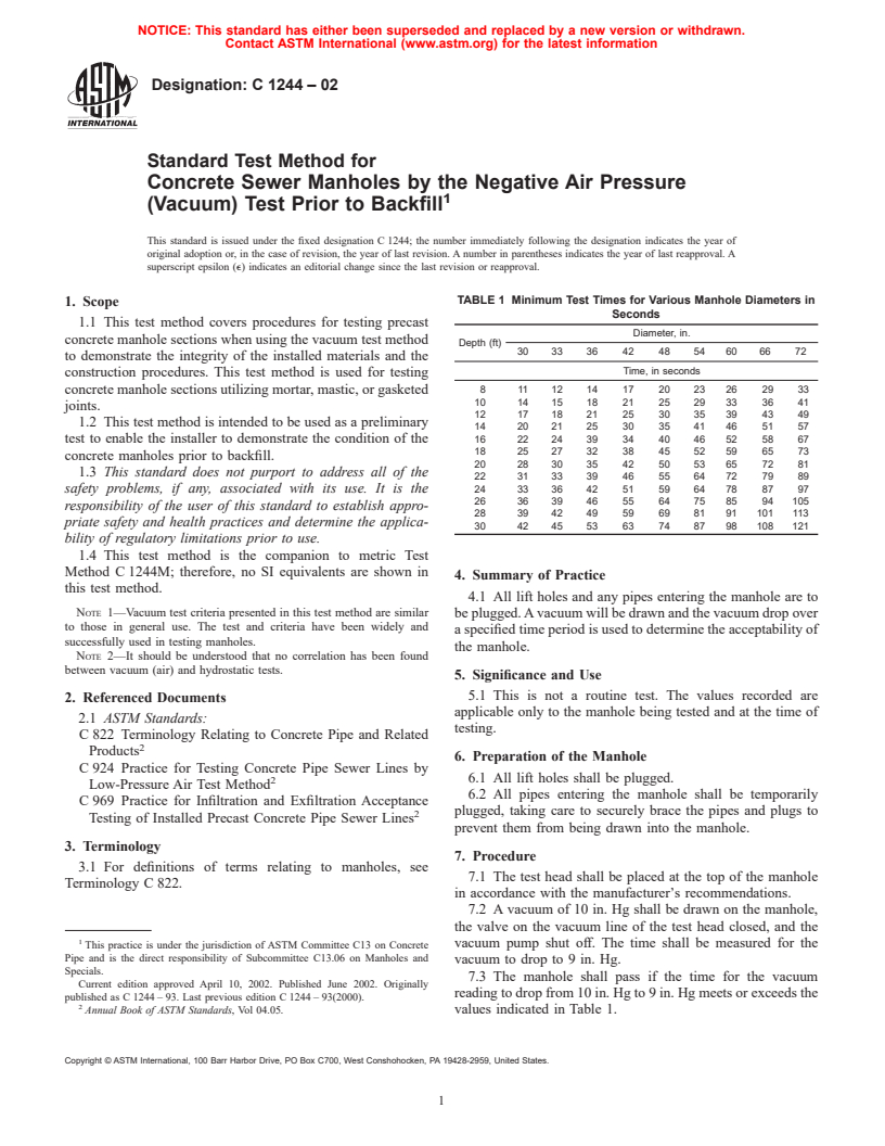 ASTM C1244-02 - Standard Test Method for Concrete Sewer Manholes by the Negative Air Pressure (Vacuum) Test Prior to Backfill