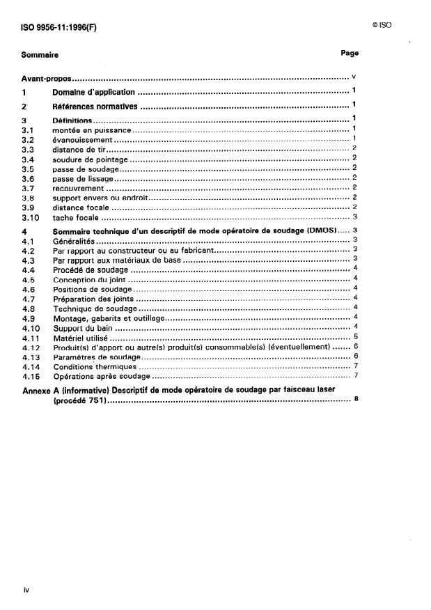 ISO 9956-11:1996 ISO 9956-11:1996 - Descriptif et qualification d'un mode opératoire de soudage pour les matériaux métalliques - Page 4 preview