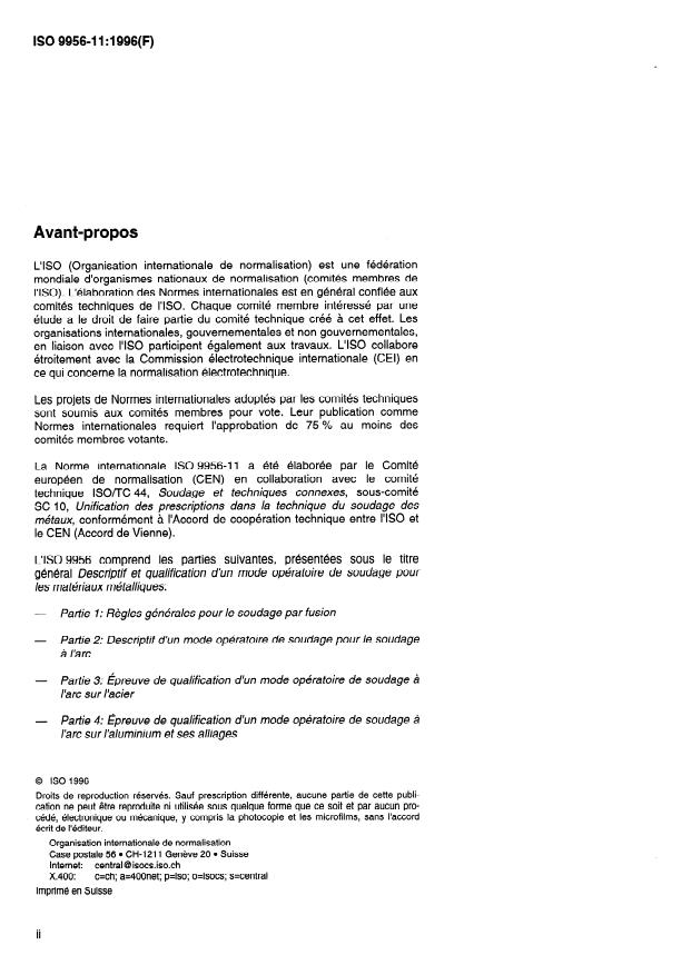 ISO 9956-11:1996 ISO 9956-11:1996 - Descriptif et qualification d'un mode opératoire de soudage pour les matériaux métalliques - Page 2 preview