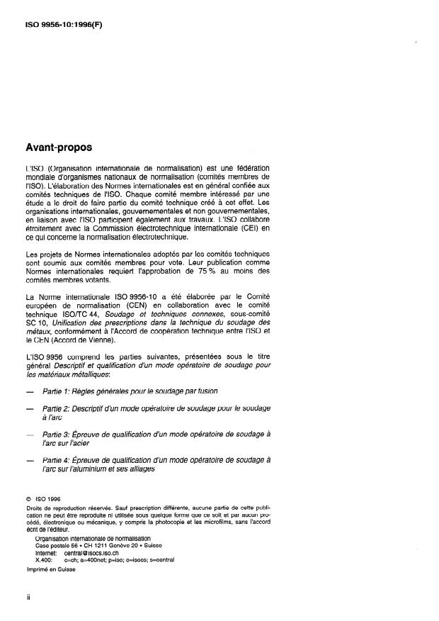 ISO 9956-10:1996 ISO 9956-10:1996 - Descriptif et qualification d'un mode opératoire de soudage pour les matériaux métalliques - Page 2 preview