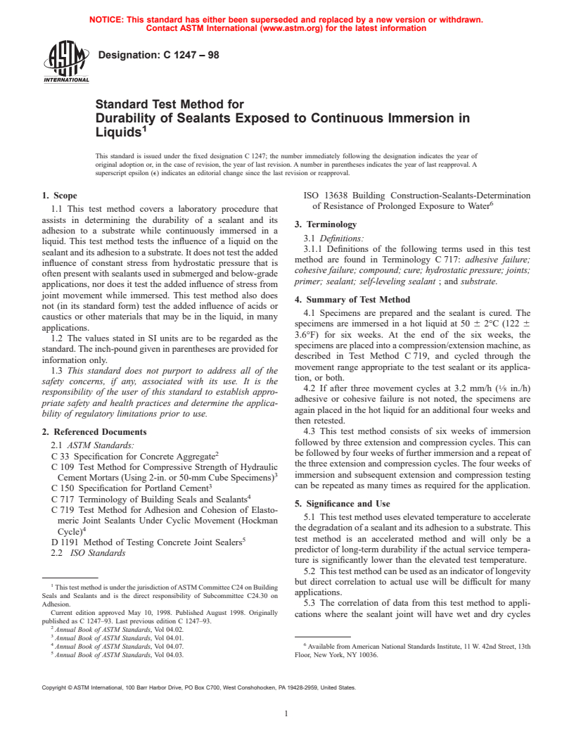 ASTM C1247-98 - Standard Test Method for Durability of Sealants Exposed to Continuous Immersion in Liquids