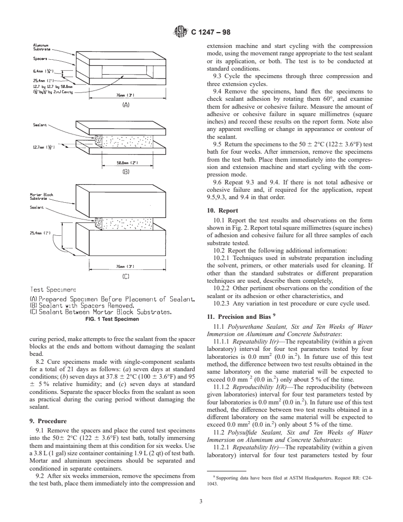 ASTM C1247-98 - Standard Test Method for Durability of Sealants Exposed to Continuous Immersion in Liquids