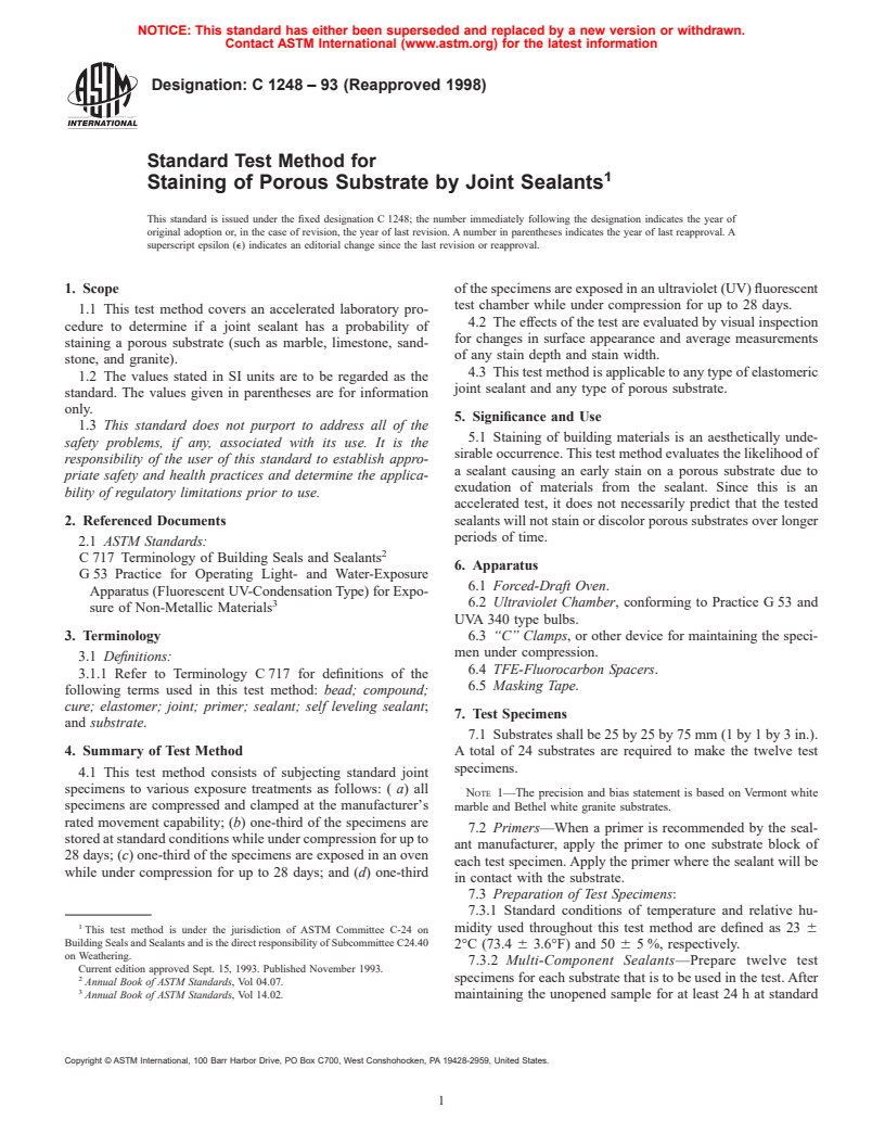 ASTM C1248-93(1998) - Standard Test Method for Staining of Porous Substrate by Joint Sealants